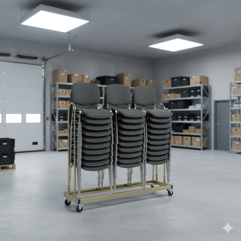 30 Økonomi Polster stabelstole i mørkegrå inkl. stolevogn til 30 stole