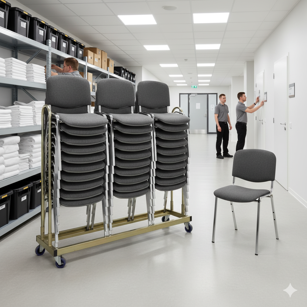 30 Økonomi Polster stabelstole i mørkegrå inkl. stolevogn til 30 stole