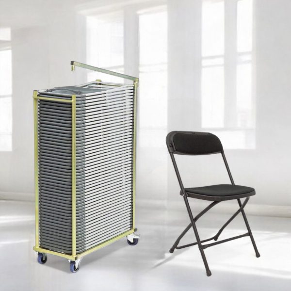 40 Event folding chairs with black upholstery including chair trolley