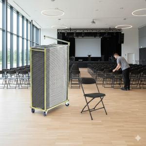 40 Event klapstole m. polster i sort inkl. stolevogn