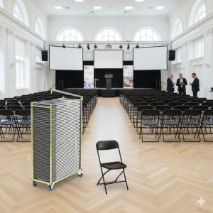 50 Event klapstole u. polster i sort inkl. stolevogn