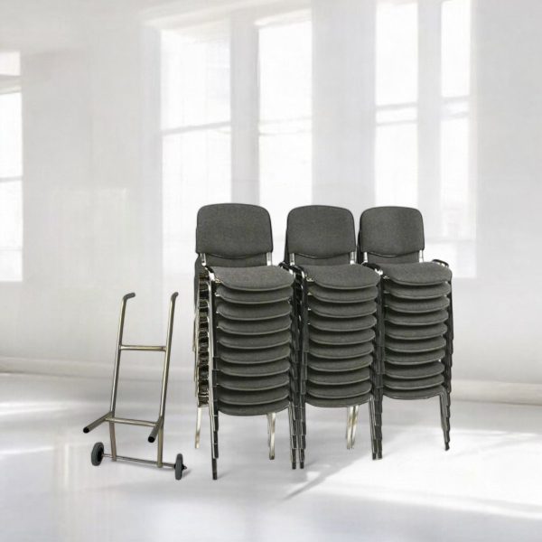 30 Economy Upholstered stacking chairs in dark gray incl. chair carriage