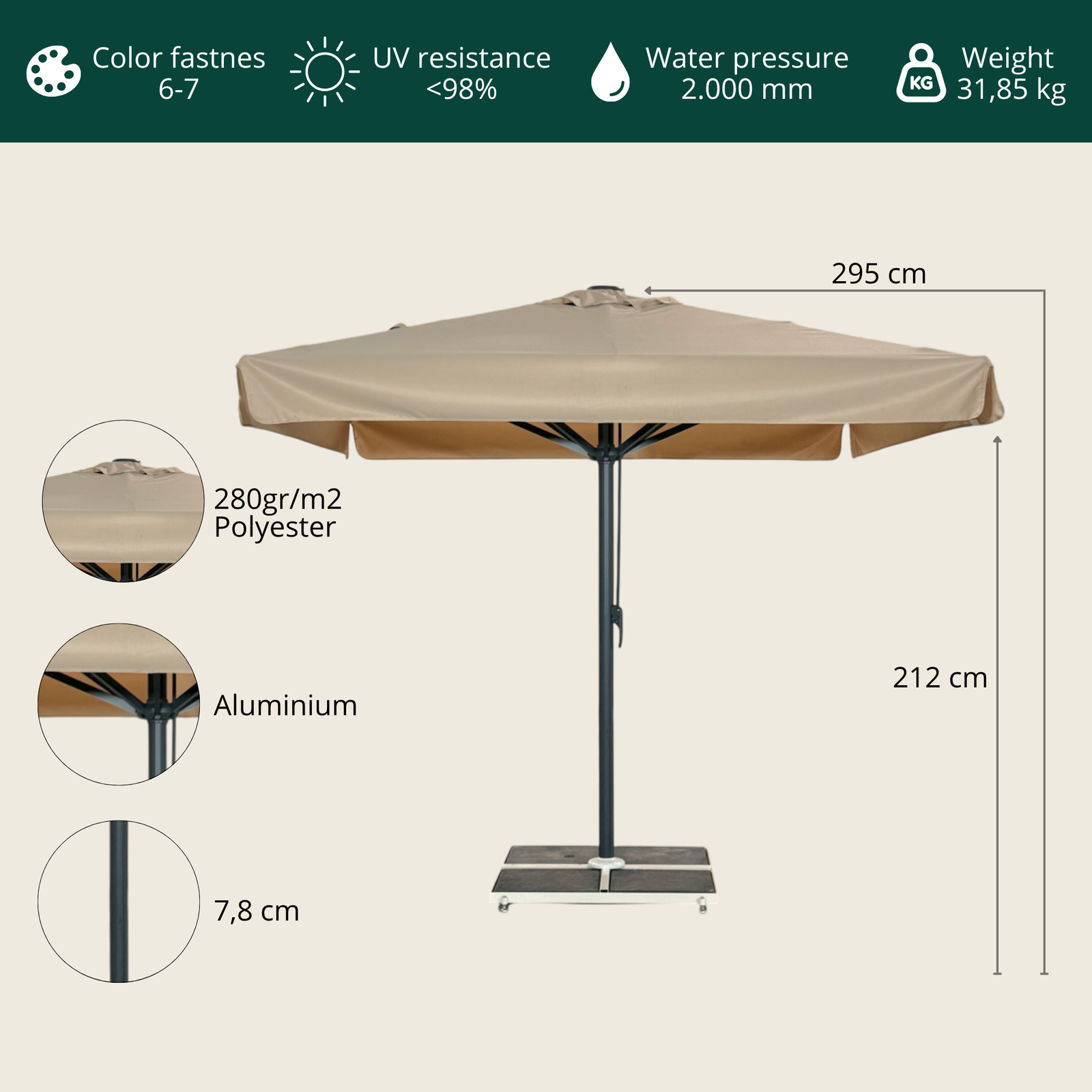 Kæmpeparasol 3x3m komplet u/frise - Hvidt Stativ