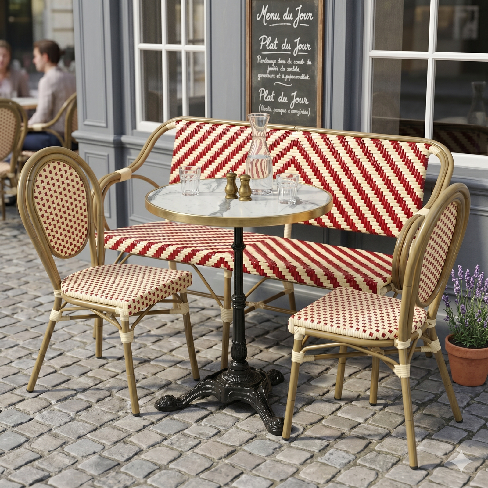 Cafépakke Paris med bænk og 2 stole rød-beige