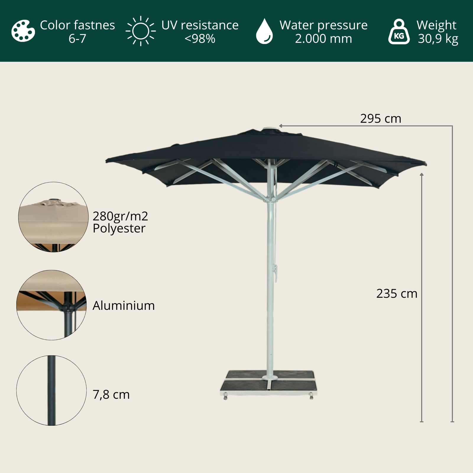 Kæmpeparasol 3x3m Komplet U/Frise - Gråt Stativ