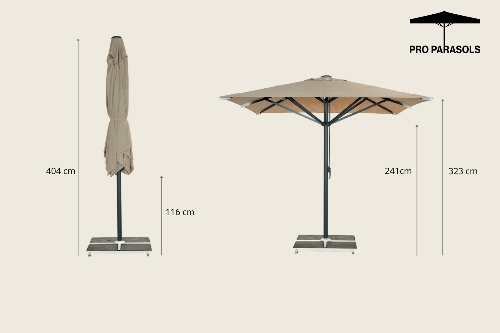 Kæmpeparasol 4x4m komplet u/frise - Hvidt Stativ