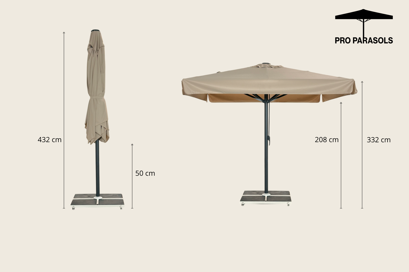Kæmpeparasol 5x5m komplet m/frise - Gråt Stativ